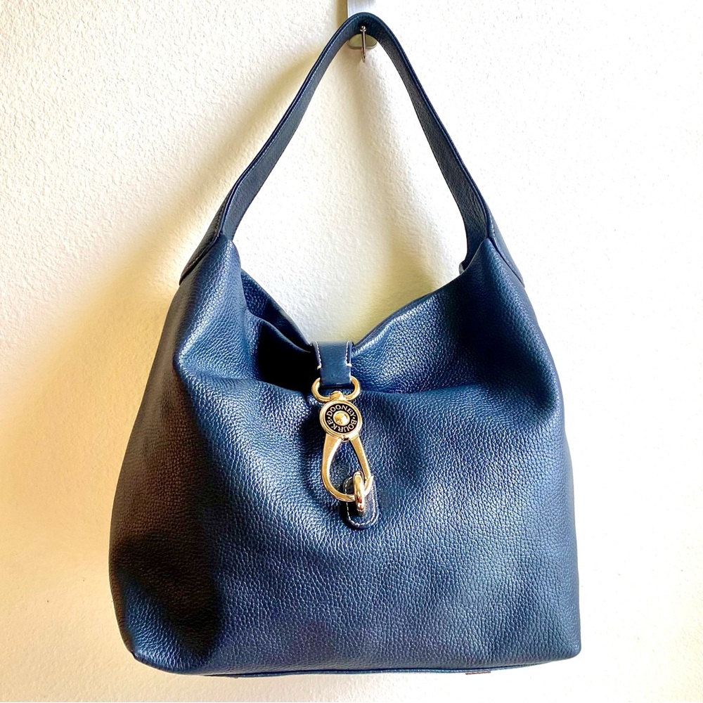 SOLD Dooney & Bourke Pebble Grain Large Logo Lock Sac Shoulder Bag – Navy Blue